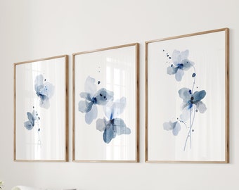 Blue Botanical Watercolor Prints, Set of 3, Floral Wall Art