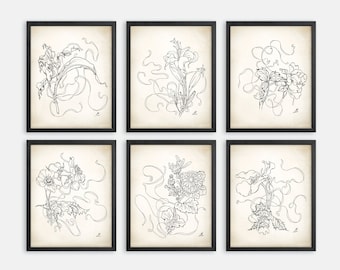 French Porcelain Flower Sketches Print Set. Line Art Prints. Botanical Art. Flower Sketches. French Art. Flower Line Art. Botanical Sketches