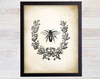 kitchen wall art | bee art print | honey bee decor |... Vintage Honey Bee Art Print, Farmhouse Kitchen Decor - Etsy