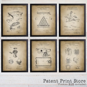 May include: Set of six vintage-style prints featuring black and white illustrations of billiard and pool table equipment. The prints have a distressed, aged paper background and are framed in black.