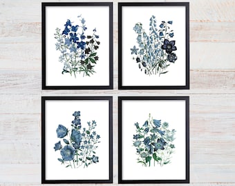 Blue Flower Prints, Botanical Art Set, Farmhouse Wall Decor