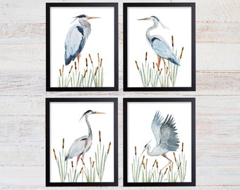Watercolor Heron Print Set, Coastal Beach House Wall Art