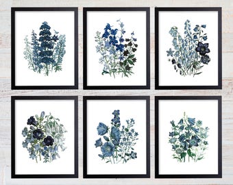 Conjunto de impresiones artísticas botánicas de flores azules, arte floral para pared