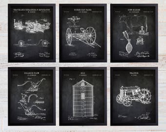 Farm Patent Art Prints: Tractor, Silo, Thrasher - Rustic Wall Decor