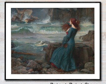 Miranda the Tempest by John William Waterhouse. Fine Art Prints. Pre-Raphaelite Art. Celtic Art. Coastal Decor. Seaside Art. Beach House.