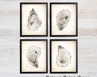 Watercolor Oyster Shell Prints, Coastal Wall Art - Set of 4