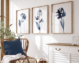 Blue Abstract Botanical Prints, Modern Floral Wall Art, Set of 3