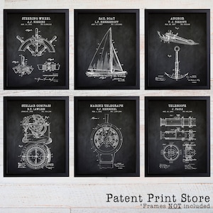 May include: A set of six vintage nautical patent prints on a black chalkboard background. The prints feature illustrations of a steering wheel, sail boat, anchor, stellar compass, marine telegraph, and telescope. Each print includes the inventor's name and patent date.