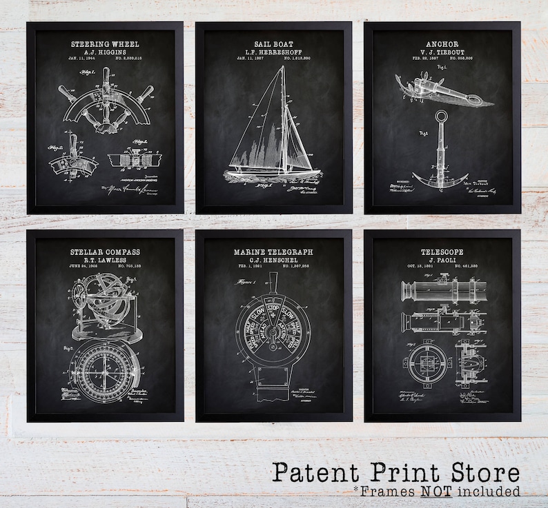 May include: A set of six vintage nautical patent prints on a black chalkboard background. The prints feature illustrations of a steering wheel, sail boat, anchor, stellar compass, marine telegraph, and telescope. Each print includes the inventor's name and patent date.