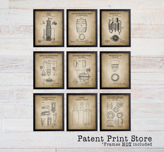 Whiskey Patent Print Set. Whiskey Patent Posters. Method Of Aging Whiskey. Vintage Whiskey Still. Man Cave Art Prints. Gift for Him. 256