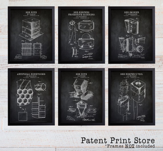 Beekeeping Patent Prints. Beekeeping Decor. Beekeeper Gift. Bee Art. Bee Prints. Vintage Bee Decor. Bee Patent Prints. Farmhouse Art Prints.
