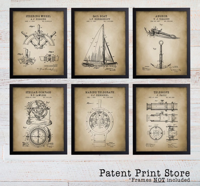May include: Set of six vintage nautical patent prints featuring illustrations of a steering wheel, sail boat, anchor, stellar compass, marine telegraph, and telescope. Each print has a black and white illustration with text detailing the patent information.