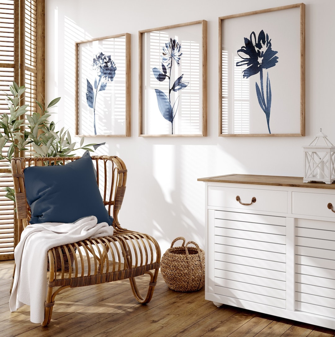 Blue Abstract Botanical Prints, Modern Floral Wall Art, Set of 3 - Etsy