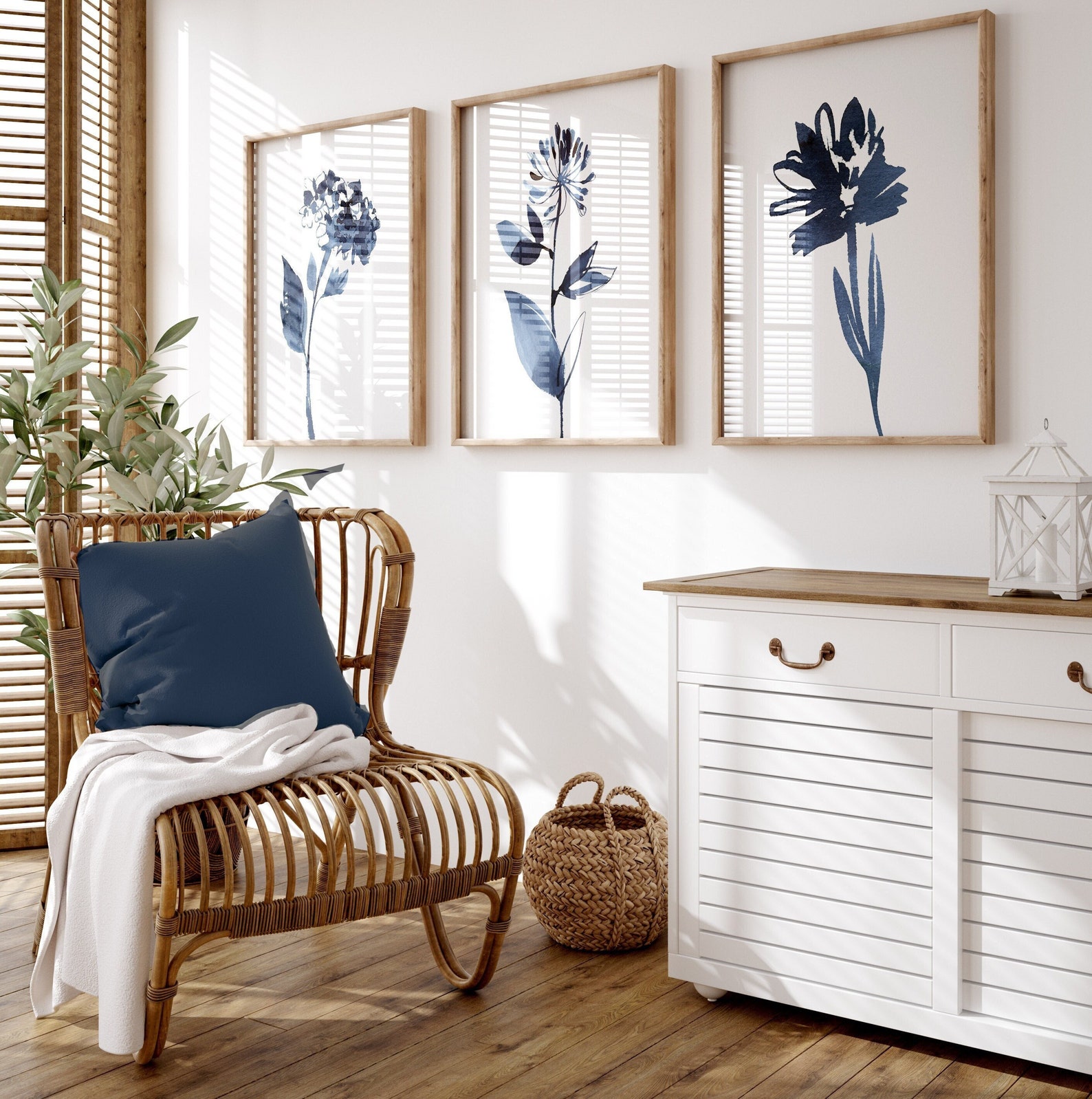 Blue Abstract Botanical Prints, Modern Floral Wall Art, Set of 3 - Etsy
