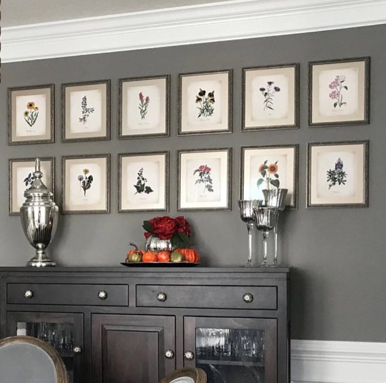 Puede incluir: Una galer&iacute;a de pared de 12 estampados bot&aacute;nicos enmarcados que representan diversas flores y plantas. Los estampados est&aacute;n dispuestos en forma de cuadr&iacute;cula y se muestran en una pared gris. Un armario de madera marr&oacute;n oscuro con puertas de vidrio y cajones se encuentra debajo de los estampados. Un jarr&oacute;n plateado y tres candelabros plateados est&aacute;n sobre el armario.