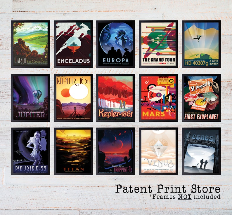 May include: A collection of framed space travel posters. Each poster features vibrant illustrations and text, showcasing planets like Jupiter, Mars, and Venus, and other celestial bodies. The posters are displayed against a light wood background.