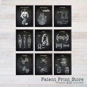 May include: A set of nine black and white Star Wars patent prints. The prints feature iconic characters and vehicles from the Star Wars universe, including Darth Vader, the Millennium Falcon, the AT-AT Walker, C-3PO, R2-D2, the TIE Bomber, the TIE Fighter, the X-Wing Fighter, and Yoda. The prints are framed in black frames and are displayed on a white wooden background. The text "Patent Print Store" and "*Frames NOT included" is printed below the prints.
