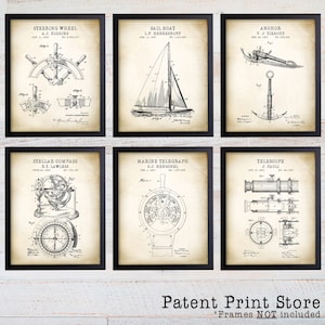 May include: Set of six vintage nautical patent prints featuring illustrations of a steering wheel, sailboat, anchor, compass, marine telegraph, and telescope. Each print includes the inventor's name, patent date, and patent number. The prints are in black and white and have a vintage, aged paper look.