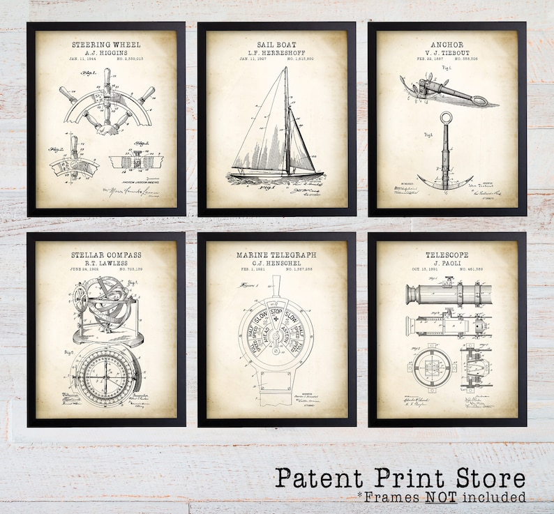 May include: Set of six vintage nautical patent prints featuring illustrations of a steering wheel, sailboat, anchor, compass, marine telegraph, and telescope. Each print includes the inventor's name, patent date, and patent number. The prints are in black and white and have a vintage, aged paper look.