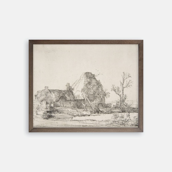 Cottage Sketch by Rembrandt. Farm Art. Farm Print. Fine Art Print. Farmhouse Art Print. Rustic Country Art Print. Vintage Art. Vintage Decor