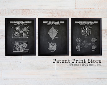 Dungeons and Dragons Dice Patent Art Prints, Set of 3