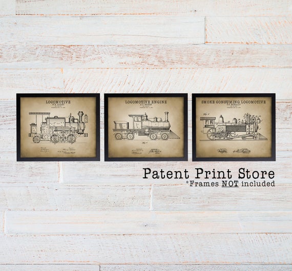 Railroad Patent Prints. Locomotive Patent Prints. Train Wall Art Prints. Vintage Trains. Train Art. Train Decor. Train Nursery Art Prints.