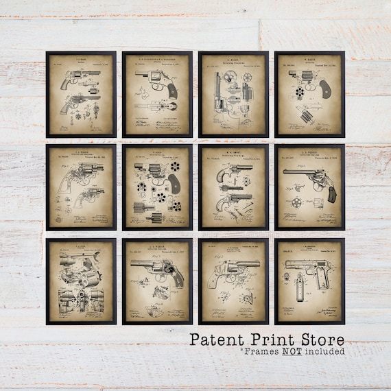 Revolver Patent Print Set. Gun Patent Prints. Revolver Gun Patent Print Set. Revolver Patents. Gun Gift Idea. Vintage Gun Patent. Hand Gun.