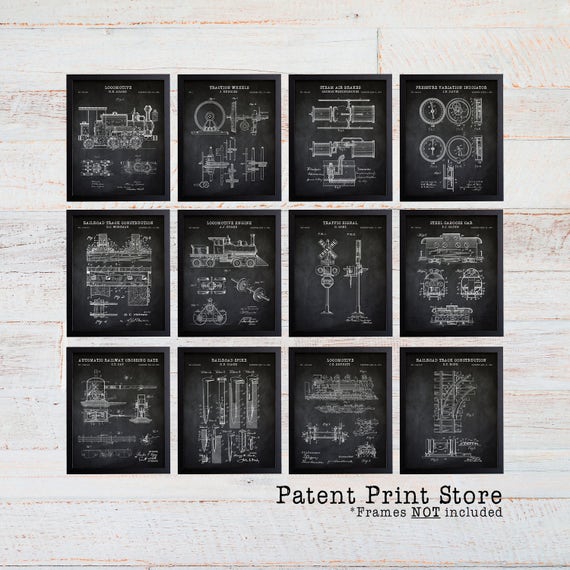 Railroad Patent Prints. Locomotive Patent Prints. Train Wall Art Prints. Vintage Trains. Train Art. Train Decor. Train Nursery Art Prints.