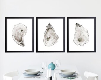 Watercolor Oyster Prints. Beach House Decor. Coastal Wall Art. Seaside Art Print. Oyster Shell Kitchen Art. Oyster Seashell Dining Art. Bath
