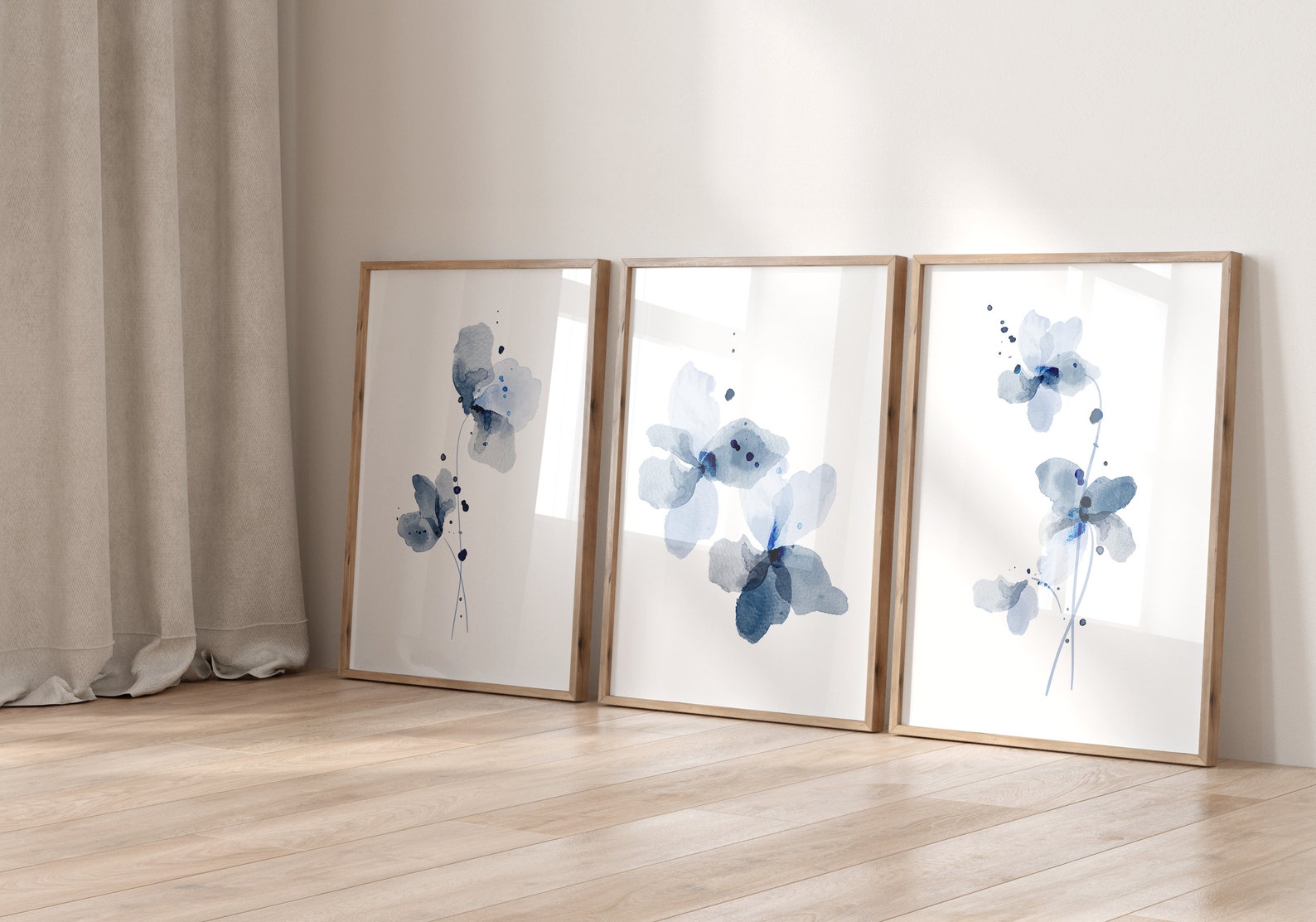 Blue Botanical Watercolor Prints, Set of 3, Floral Wall Art - Etsy