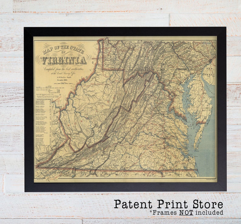Antique Virginia Map. VA Map. Map Art. Map Decor. State Map. Virginia