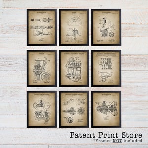 May include: Nine framed vintage patent prints of automotive components, including transmissions, brakes, and carburetors. The prints are in black frames with a sepia-toned background. The text "Patent Print Store" is at the bottom.