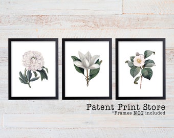 White Flower Art Prints, Botanical Wall Decor (Set of 3)