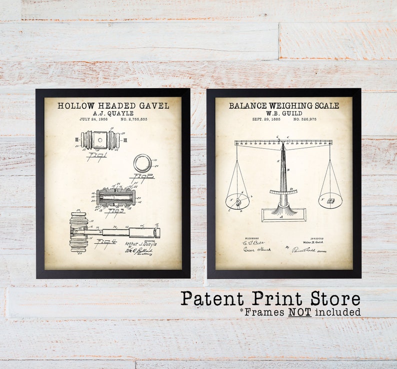 May include: Two vintage patent prints in black frames. The left print shows a hollow headed gavel with the text "Hollow Headed Gavel A.J. Quayle July 24, 1956 No. 8,755,833". The right print shows a balance weighing scale with the text "Balance Weighing Scale W.B. Guild Sept. 29, 1885 No. 226,975".