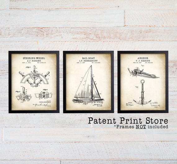 Vintage Nautical Decor. Nautical Patent Prints. Sailing Art