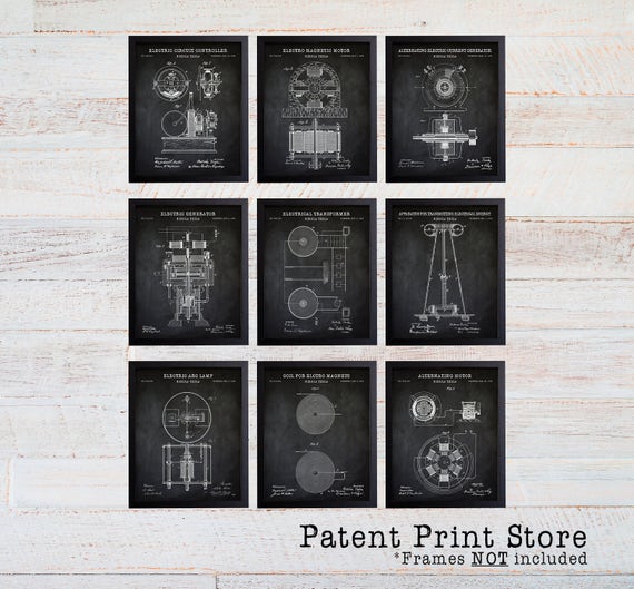 Nikola Tesla Patent Print Set. Tesla Patent Prints. Engineering Patent Print Set. Tesla Coil Patents. Tesla Lamp Patent. Electric Circuit.