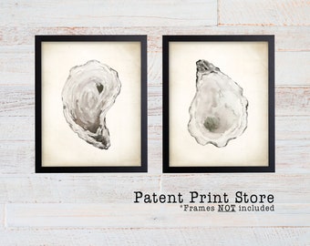 Watercolor Oyster Shell Prints, Coastal Wall Art (Set of 2)