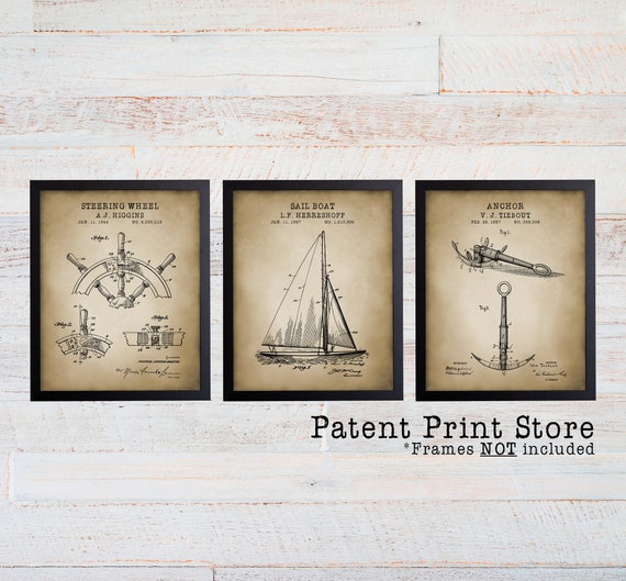 Vintage Nautical Decor. Nautical Patent Prints. Sailing Art