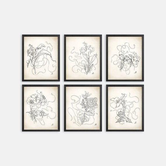 French Porcelain Flower Sketches Print Set. Line Art Prints. Botanical Art. Flower Sketches. French Art. Flower Line Art. Botanical Sketches