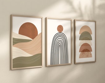 May include: Three framed abstract art prints with a minimalist design. The first print features a brown sun over a green and beige landscape. The second print features a black and white striped arch with a brown circle on top. The third print features a stack of overlapping semi-circles in shades of brown, green, and beige.