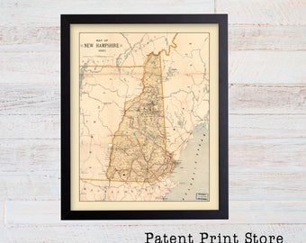 Antique New Hampshire Map. NH Map. Map Art. Map Decor. NH State Map. New Hampshire Art. New Hampshire Poster. Home Office Art Decor. 74