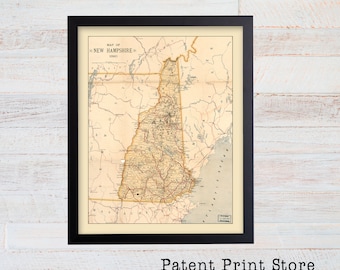 Antique New Hampshire Map. NH Map. Map Art. Map Decor. NH State Map. New Hampshire Art. New Hampshire Poster. Home Office Art Decor. 74