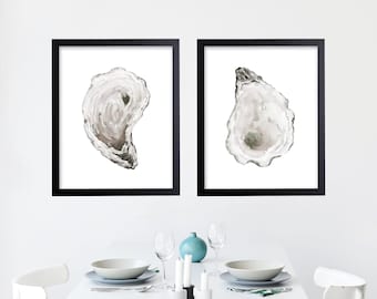 Watercolor Oyster Shell Prints, Coastal Wall Art (Set of 2)