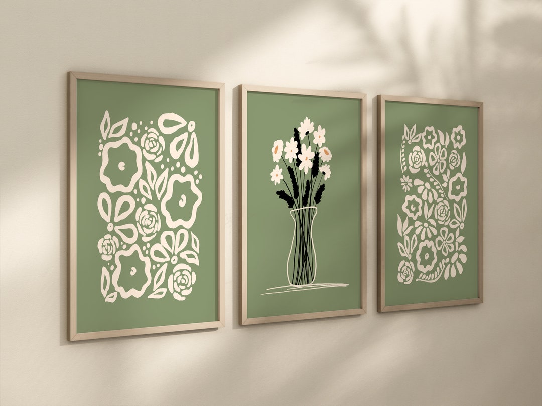 Sage Green Botanical Art Prints, Abstract Floral Wall Decor, Set of 3 ...