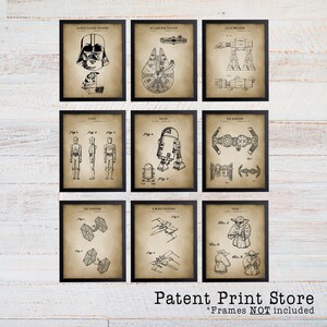 May include: A set of nine vintage-style Star Wars character patent prints. The prints feature black and white illustrations of Darth Vader, the Millennium Falcon, AT-AT Walker, C-3PO, R2-D2, TIE Bomber, TIE Fighter, X-Wing Fighter, and Yoda. The prints are framed in black frames and have a distressed, aged paper background.
