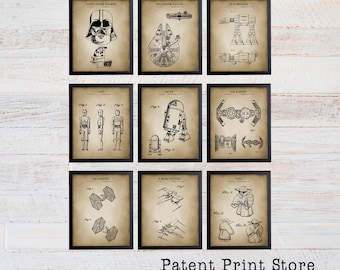 Star Wars Patent Art Prints, Millenium Falcon, Darth Vader, Set of 9