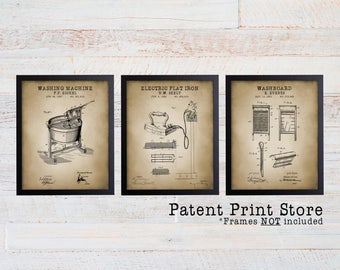 Laundry Room Patent Art Prints, Rustic Style (Set of 3)