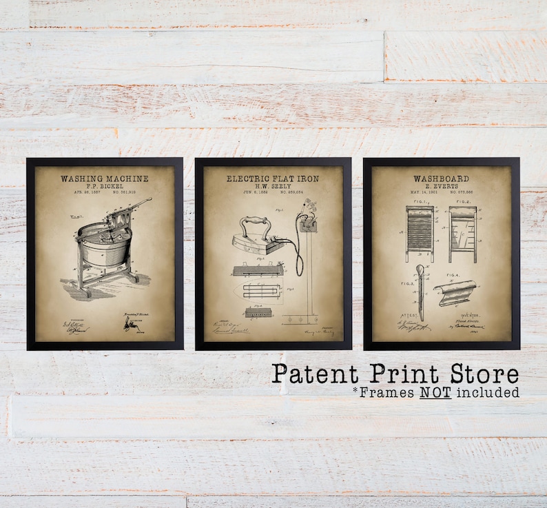 Laundry Room Patent Art Prints, Rustic Style (Set of 3)