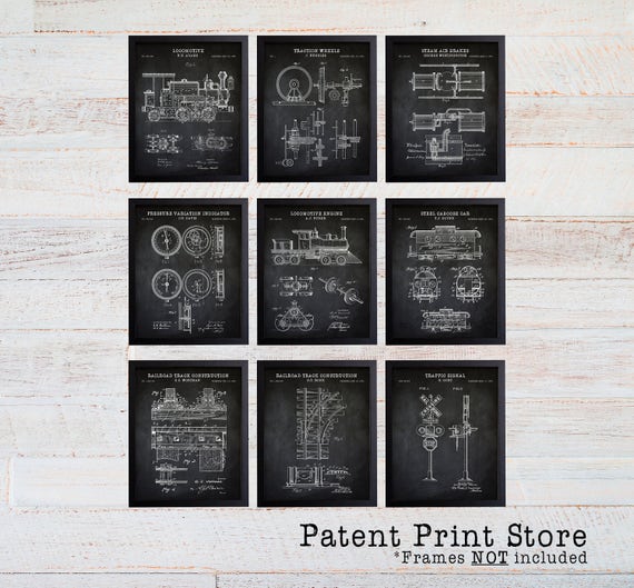 Railroad Patent Prints. Locomotive Patent Prints. Train Wall Art Prints. Vintage Trains. Train Art. Train Decor. Train Nursery Art Prints.