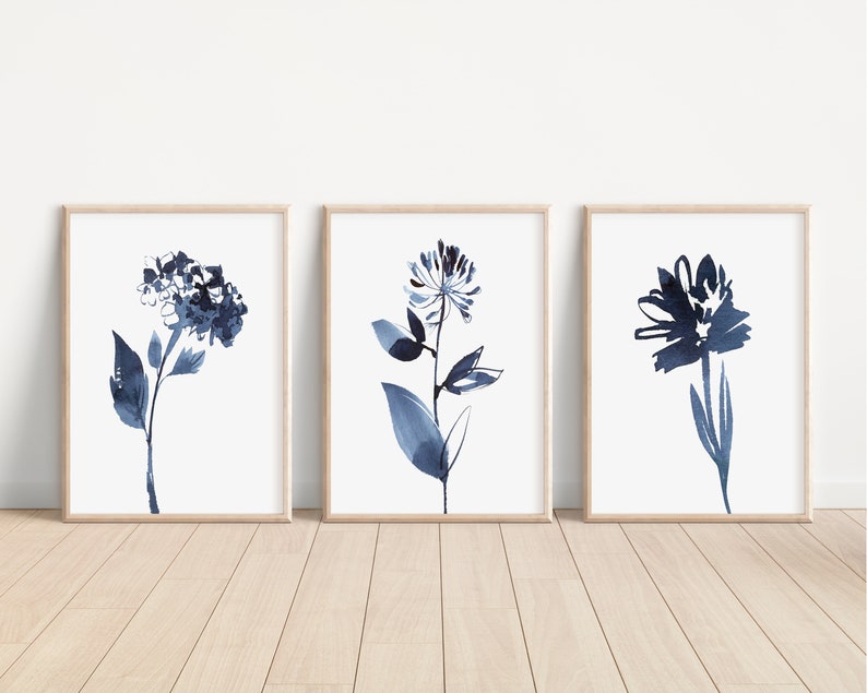 Blue Abstract Botanical Prints, Modern Floral Wall Art, Set of 3 - Etsy